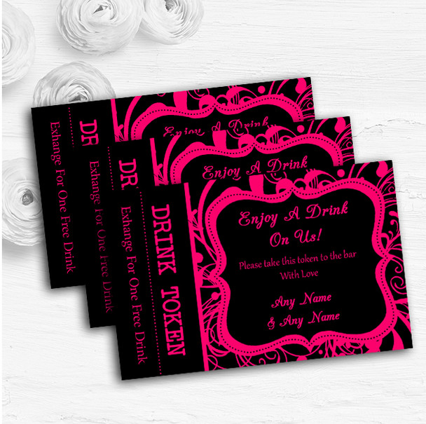 Black & Pink Swirl Deco Personalised Wedding Bar Free Drink Tokens