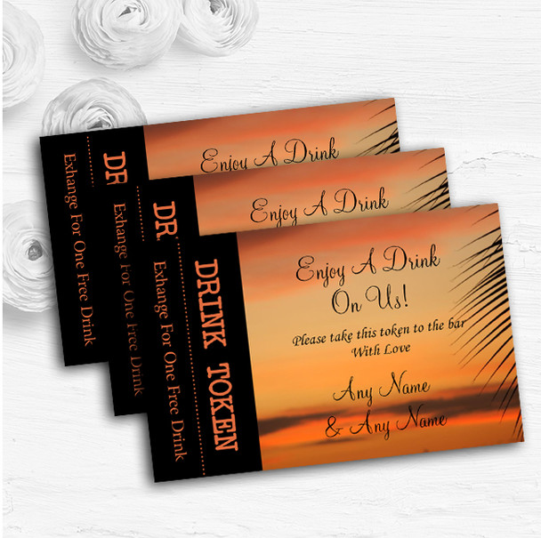 Palm Tree Sunset Abroad Personalised Wedding Bar Free Drink Tokens