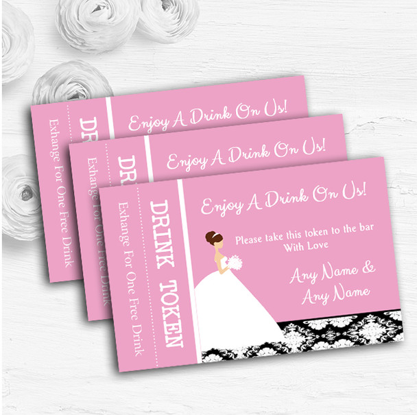 Pink Black Damask Bride Personalised Wedding Bar Free Drink Tokens