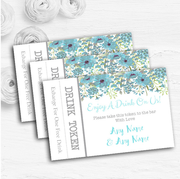 Watercolour Floral Blue Personalised Wedding Bar Free Drink Tokens