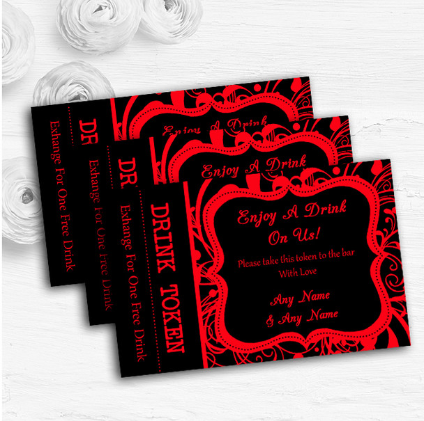 Black & Red Swirl Deco Personalised Wedding Bar Free Drink Tokens