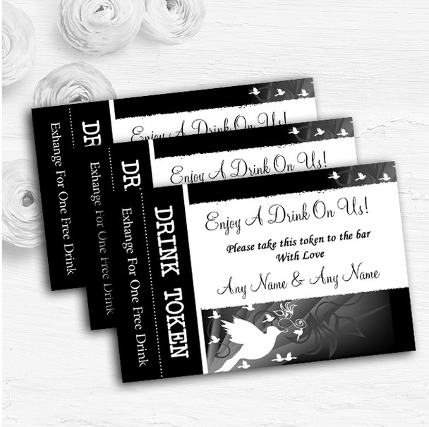 Black With White Doves Personalised Wedding Bar Free Drink Tokens