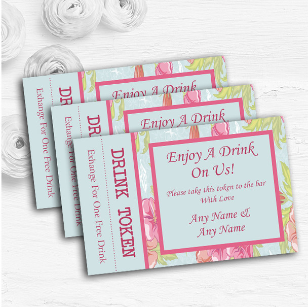 Pale Blue Pink Vintage Personalised Wedding Bar Free Drink Tokens