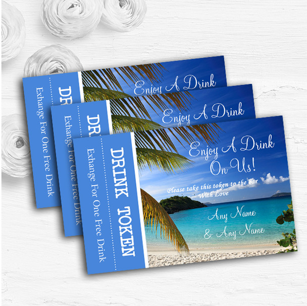 Palm Tree Beach Abroad Personalised Wedding Bar Free Drink Tokens