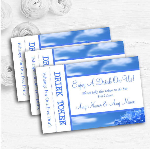 Pretty Sky Blue Flower Personalised Wedding Bar Free Drink Tokens