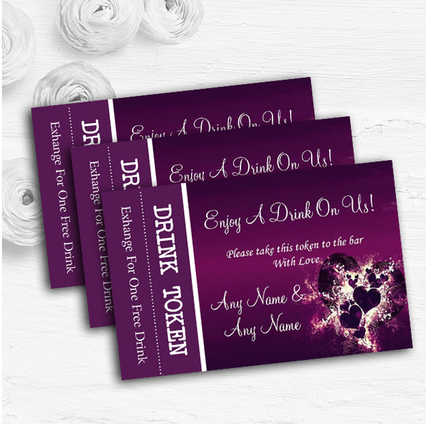 Purple Hearts Romantic Personalised Wedding Bar Free Drink Tokens