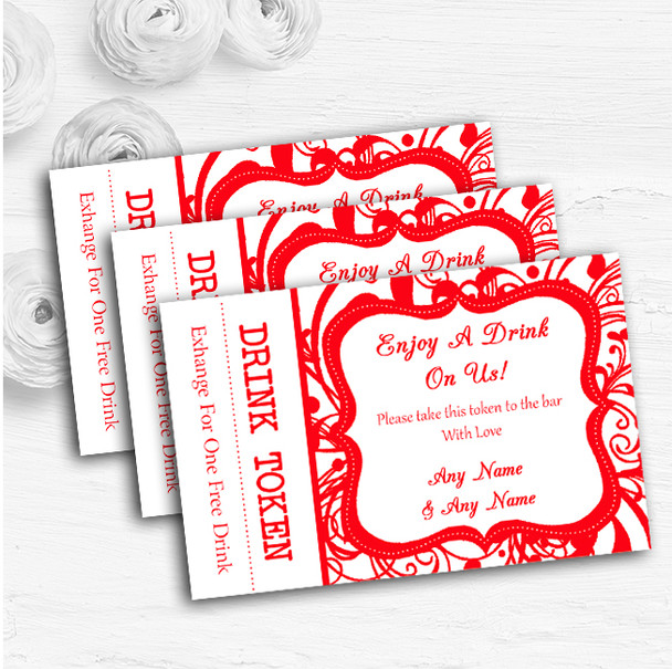 White & Red Swirl Deco Personalised Wedding Bar Free Drink Tokens