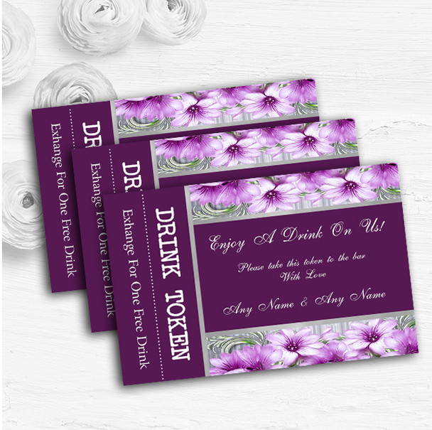 Purple Heart Flowers Personalised Wedding Bar Free Drink Tokens