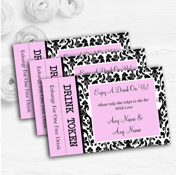 Black & Pink Damask Personalised Wedding Bar Free Drink Tokens