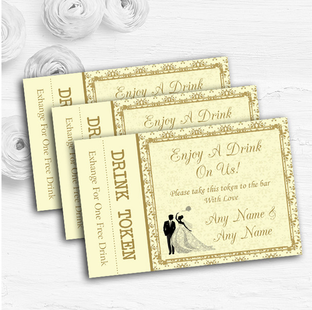 Gold Yellow Classic Personalised Wedding Bar Free Drink Tokens