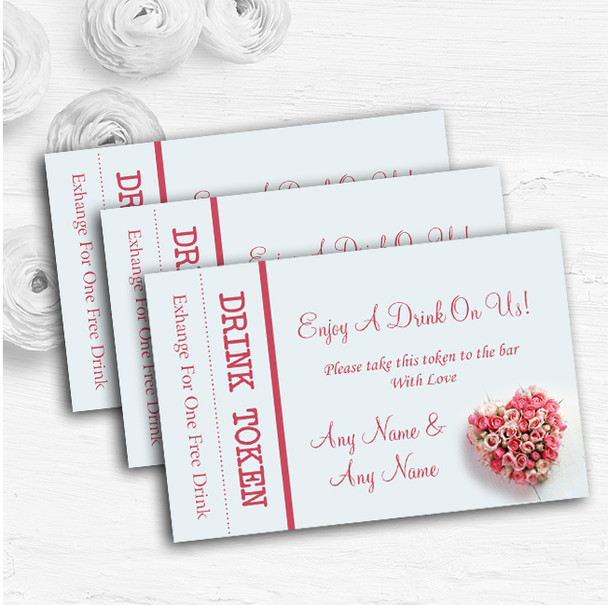 Pink Heart Roses Personalised Wedding Bar Free Drink Tokens