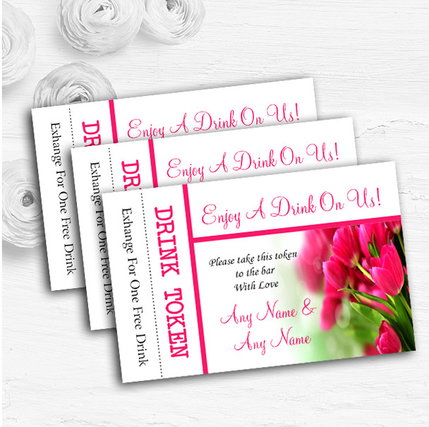 Hot Pink Tulips Personalised Wedding Bar Free Drink Tokens