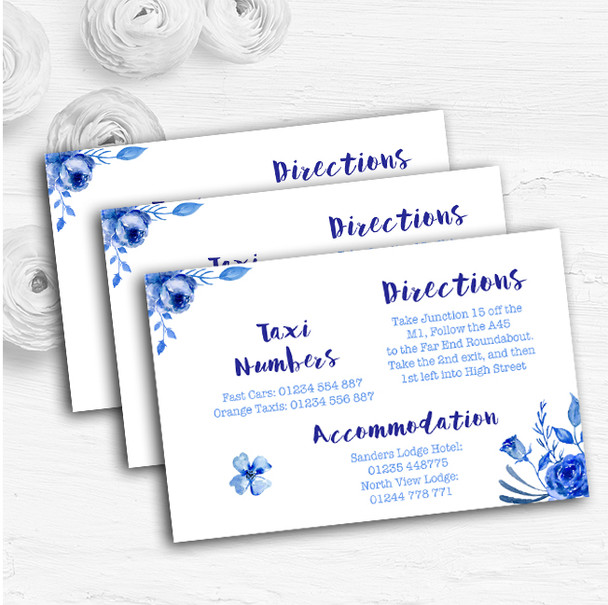 Blue & White Watercolour Floral Personalised Wedding Guest Information Cards