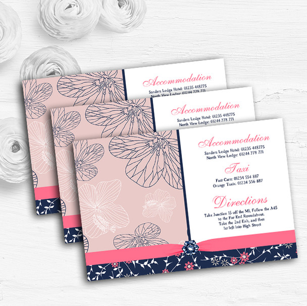 Navy Blue & Coral Pink Floral Personalised Wedding Guest Information Cards