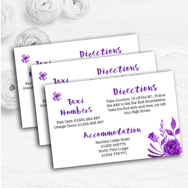 Cadbury Purple & White Watercolour Floral Wedding Guest Information Cards