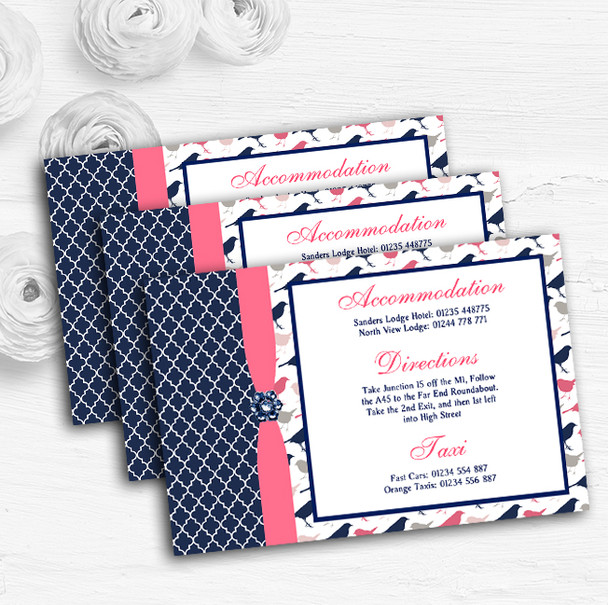Navy Blue & Coral Pink Shabby Chic Birds Wedding Guest Information Cards