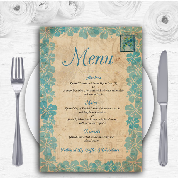 Shabby Chic Vintage Postcard Rustic Turquoise Personalised Wedding Menu Cards