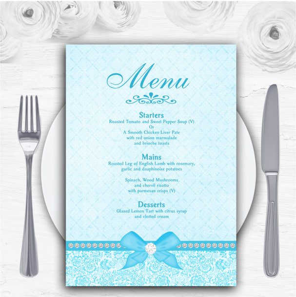 Pretty Floral Vintage Bow Diamante Aqua Sky Blue Personalised Wedding Menu Cards