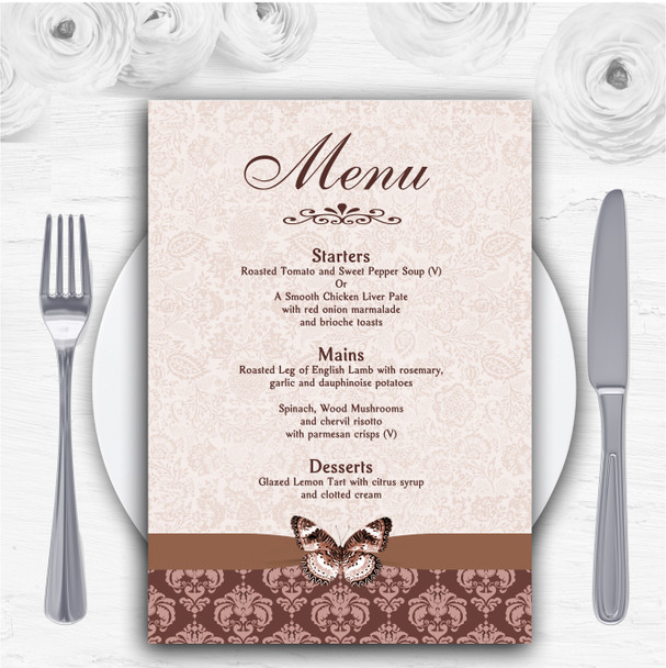 Brown Fawn Beige Vintage Floral Damask Butterfly Personalised Wedding Menu Cards