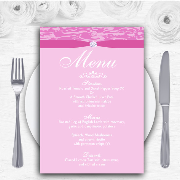 Dusty Pale Baby Rose Pink Floral Damask Diamante Personalised Wedding Menu Cards