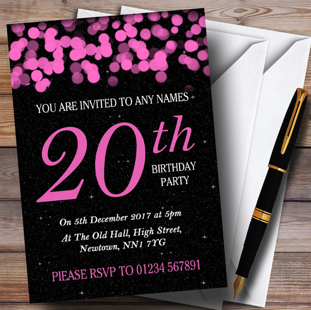 Pink Bokeh & Stars 20th Customised Birthday Party Invitations