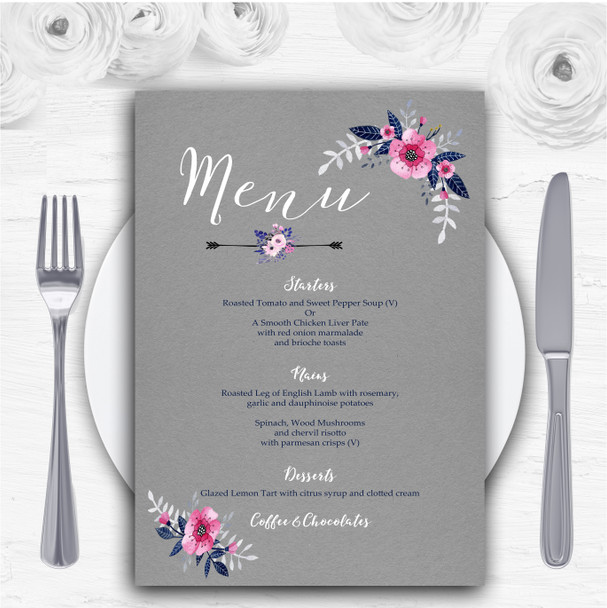 Rustic Vintage Watercolour Navy Blue & Silver Personalised Wedding Menu Cards