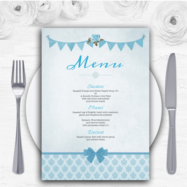 Vintage Rustic Style Bunting Powder Baby Blue Personalised Wedding Menu Cards