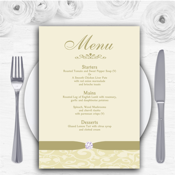 Cream Pale Gold Beige Floral Damask Diamante Personalised Wedding Menu Cards