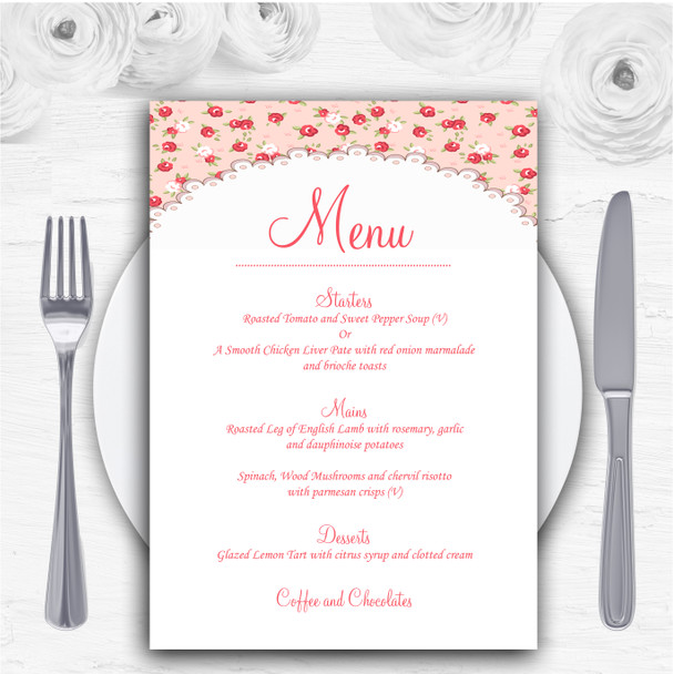 Red And Coral Pink Floral Shabby Chic Chintz Personalised Wedding Menu Cards