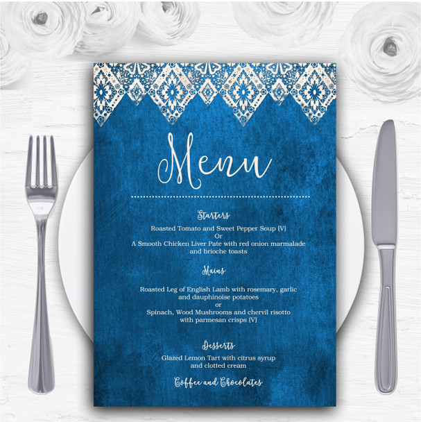 Vintage Blue Old Paper & Vintage Lace Effect Personalised Wedding Menu Cards