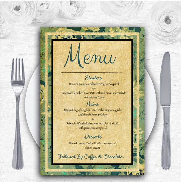 Vintage Blue Turquoise Floral Postcard Style Personalised Wedding Menu Cards