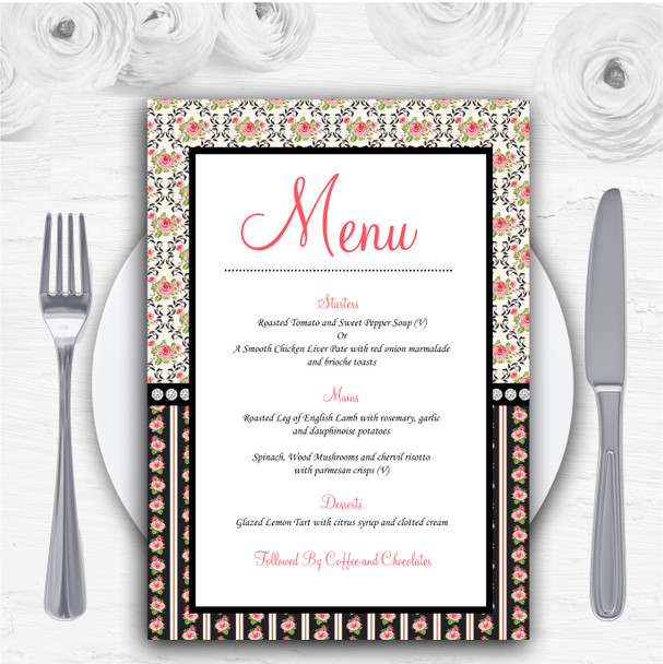 Black And Pink Shabby Chic Rose Tea Stripes Personalised Wedding Menu Cards