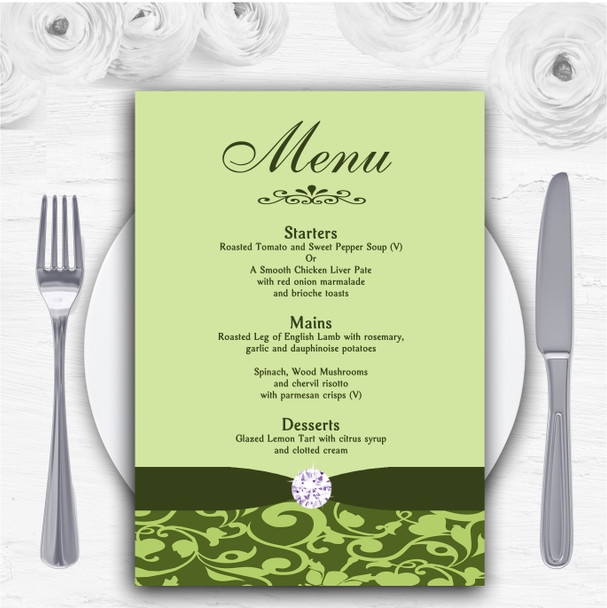 Olive Green Vintage Floral Damask Diamante Personalised Wedding Menu Cards
