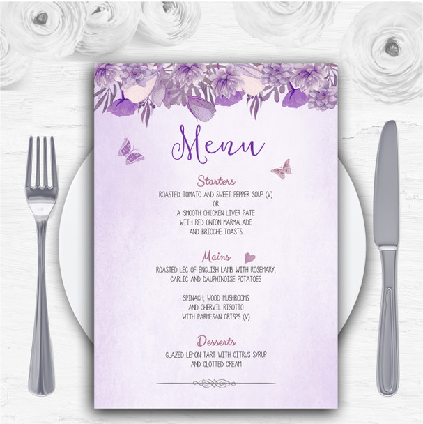 Cadbury Purple & Lilac Watercolour Floral Personalised Wedding Menu Cards