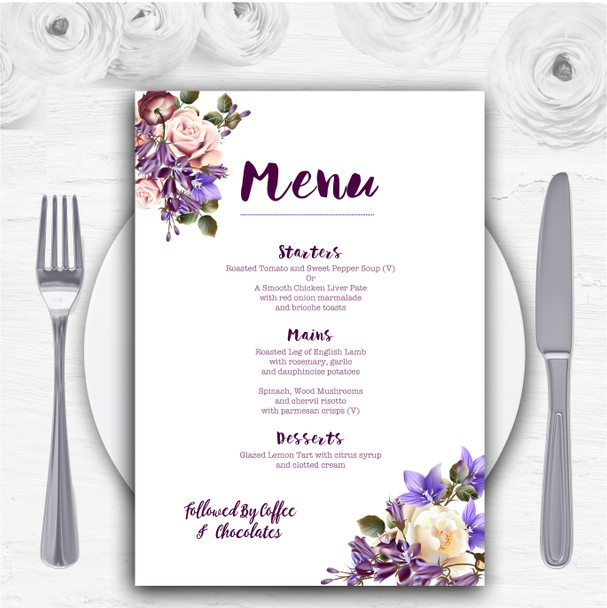 White Lilac & Blush Pink Watercolour Rose Personalised Wedding Menu Cards