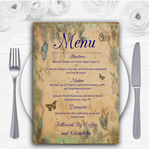 Blue Floral Vintage Shabby Chic Postcard Personalised Wedding Menu Cards