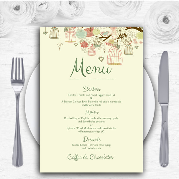 Vintage Shabby Chic Birdcage Pale Yellow Personalised Wedding Menu Cards
