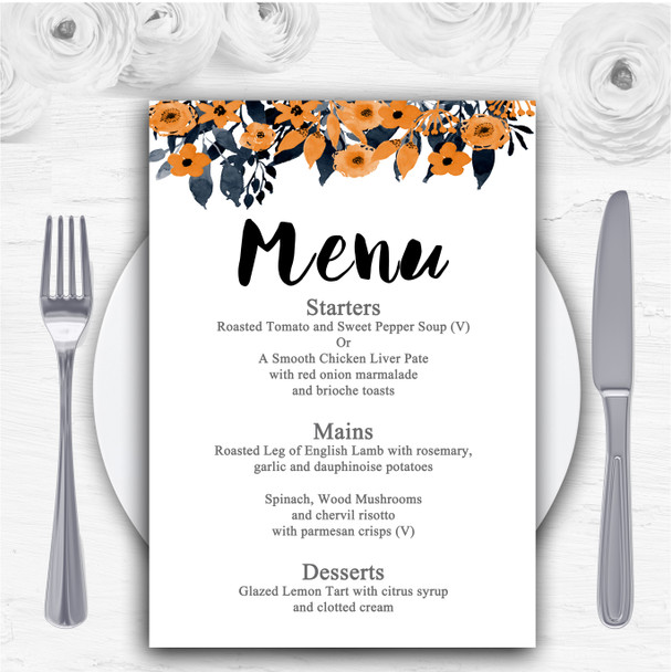 Watercolour Black & Orange Floral Header Personalised Wedding Menu Cards