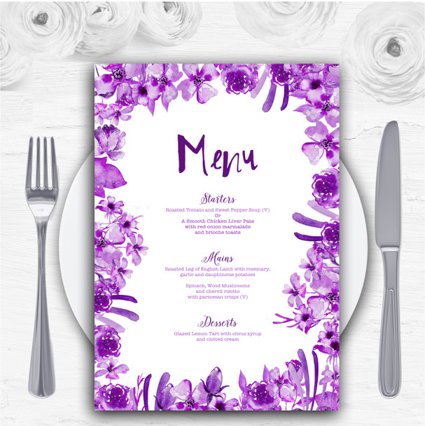 Watercolour Indigo Cadbury Purple Floral Personalised Wedding Menu Cards