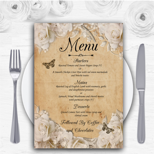 White Roses Vintage Shabby Chic Postcard Personalised Wedding Menu Cards