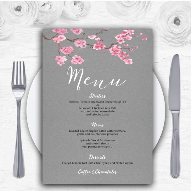 Rustic Vintage Dark Grey & Pink Blossom Personalised Wedding Menu Cards