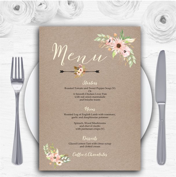 Rustic Vintage Watercolour Peach Floral Personalised Wedding Menu Cards