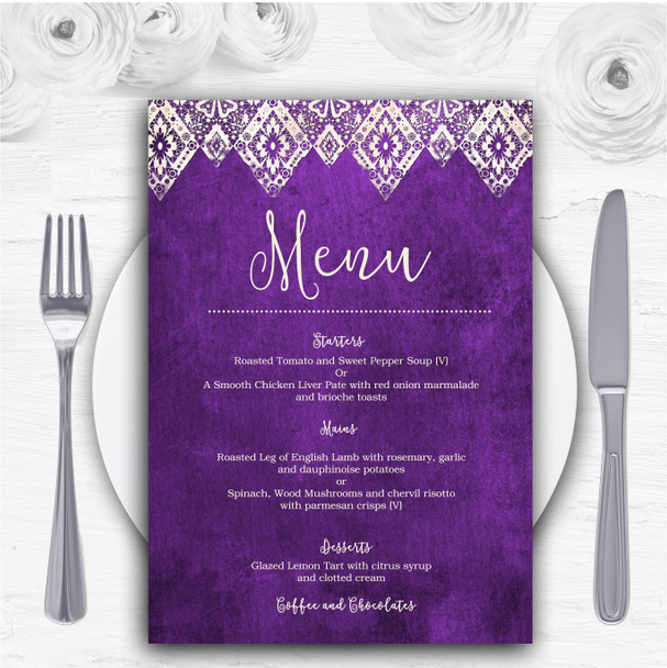 Cadbury Purple Old Paper & Lace Effect Personalised Wedding Menu Cards