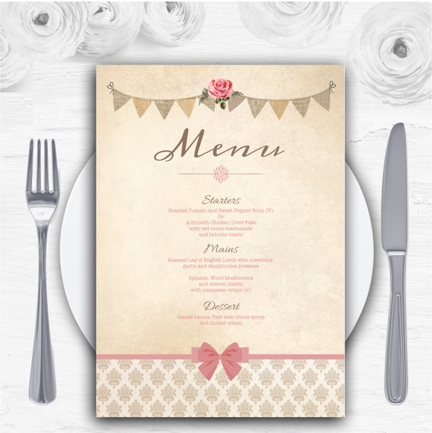 Vintage Rustic Style Bunting Pink Rose Personalised Wedding Menu Cards