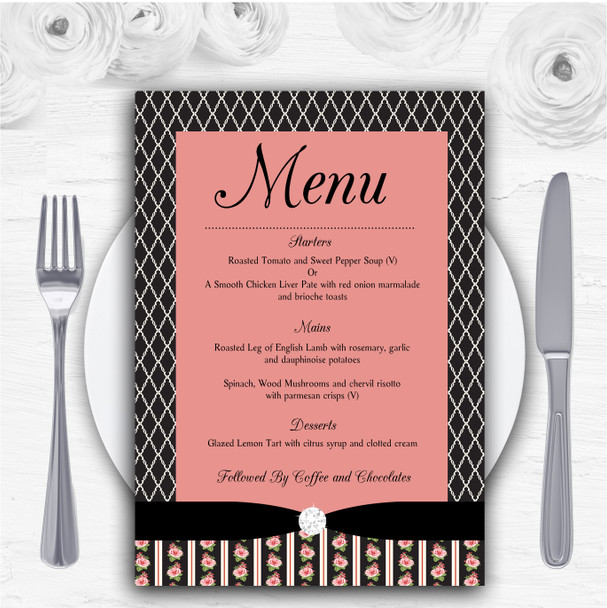 Black And Coral Pink Rose Shabby Chic Personalised Wedding Menu Cards