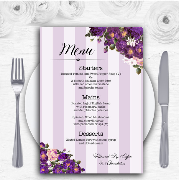 Cadbury Purple Rose & Stripes Vintage Personalised Wedding Menu Cards