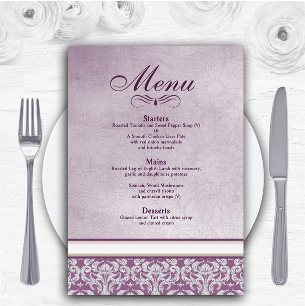 Lavender Lilac Vintage Damask Pretty Personalised Wedding Menu Cards