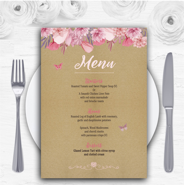 Lilac & Pink Rustic Bunting & Floral Personalised Wedding Menu Cards