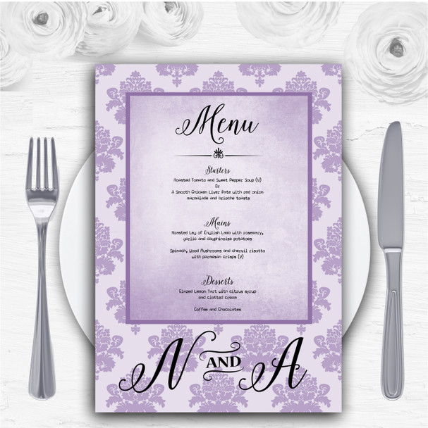 Vintage Damask Initials Lilac Purple Personalised Wedding Menu Cards