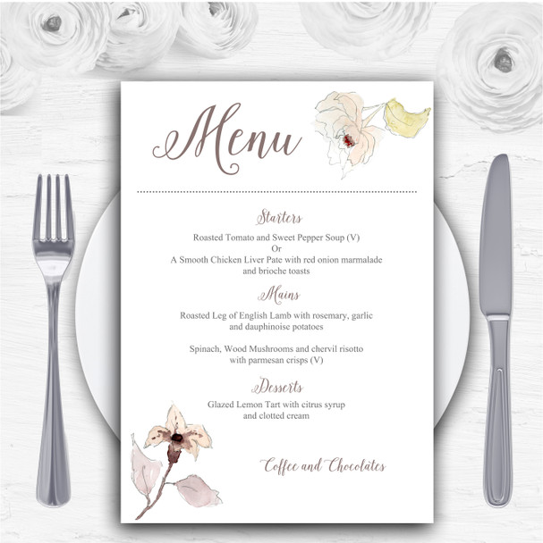 Beautiful Peach Watercolour Flowers Personalised Wedding Menu Cards